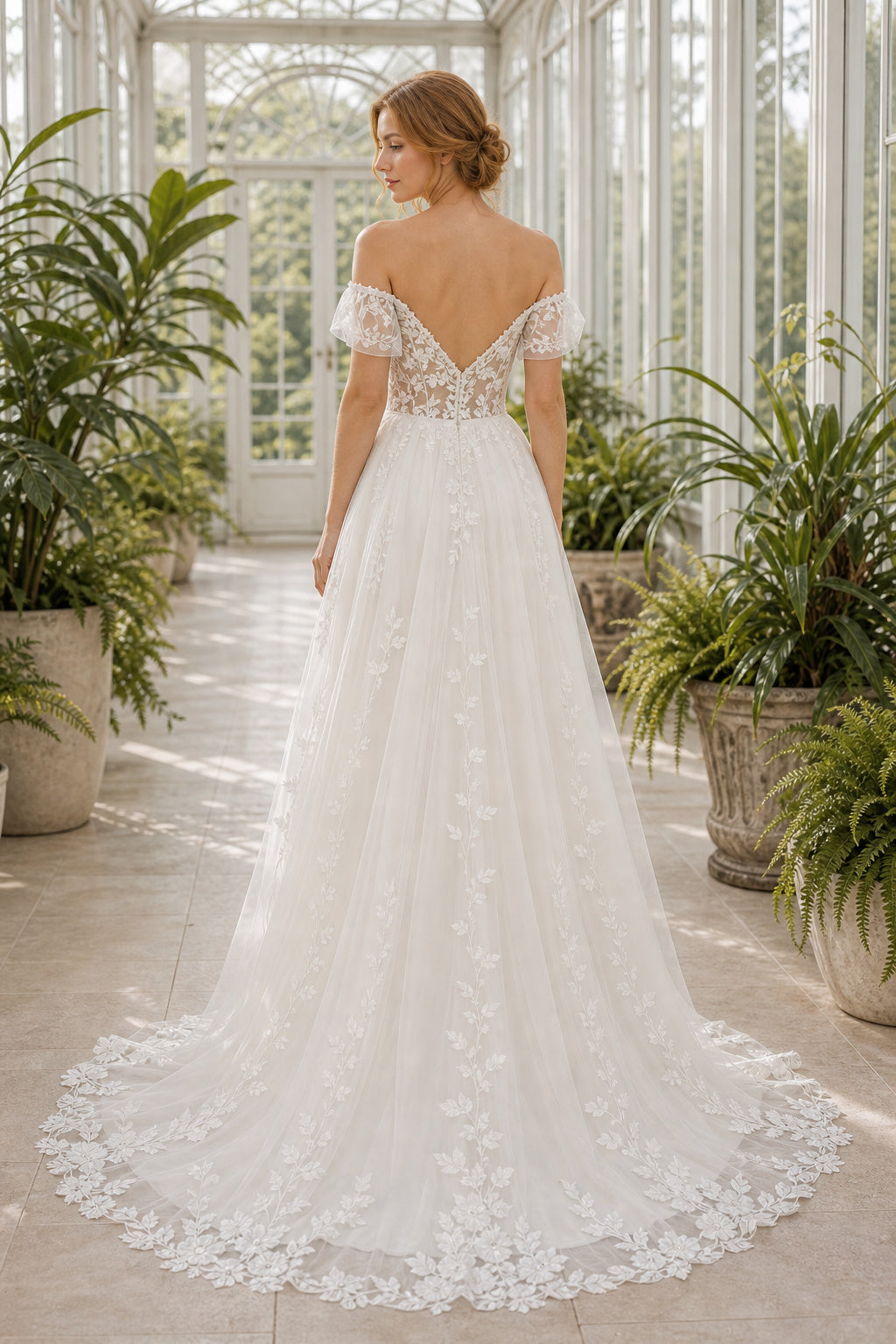 White V-neck Flutter Sleeves Mermaid Crepe, Lace Floor-length Wedding Dress With Lace and Beaded Bodice and Open Back