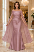 Vintage Mauve Off Shoulder Satin Mermaid Mother Dress with Sheer Cape Sleeves front view