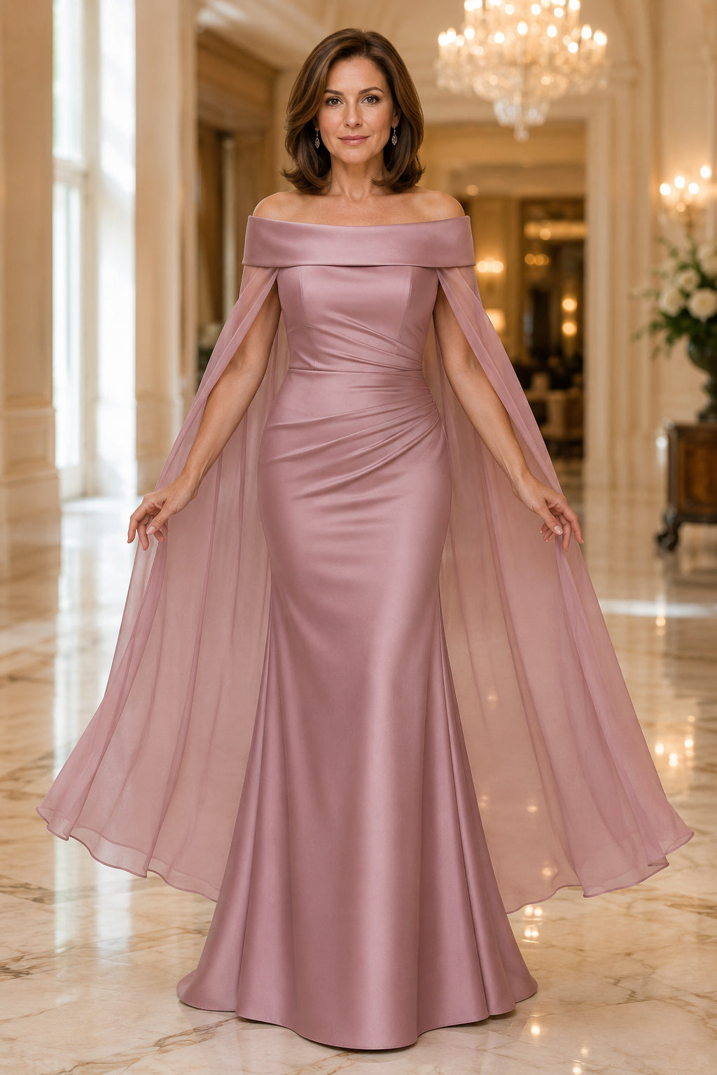 Vintage Mauve Off Shoulder Satin Mermaid Mother Dress with Sheer Cape Sleeves front view
