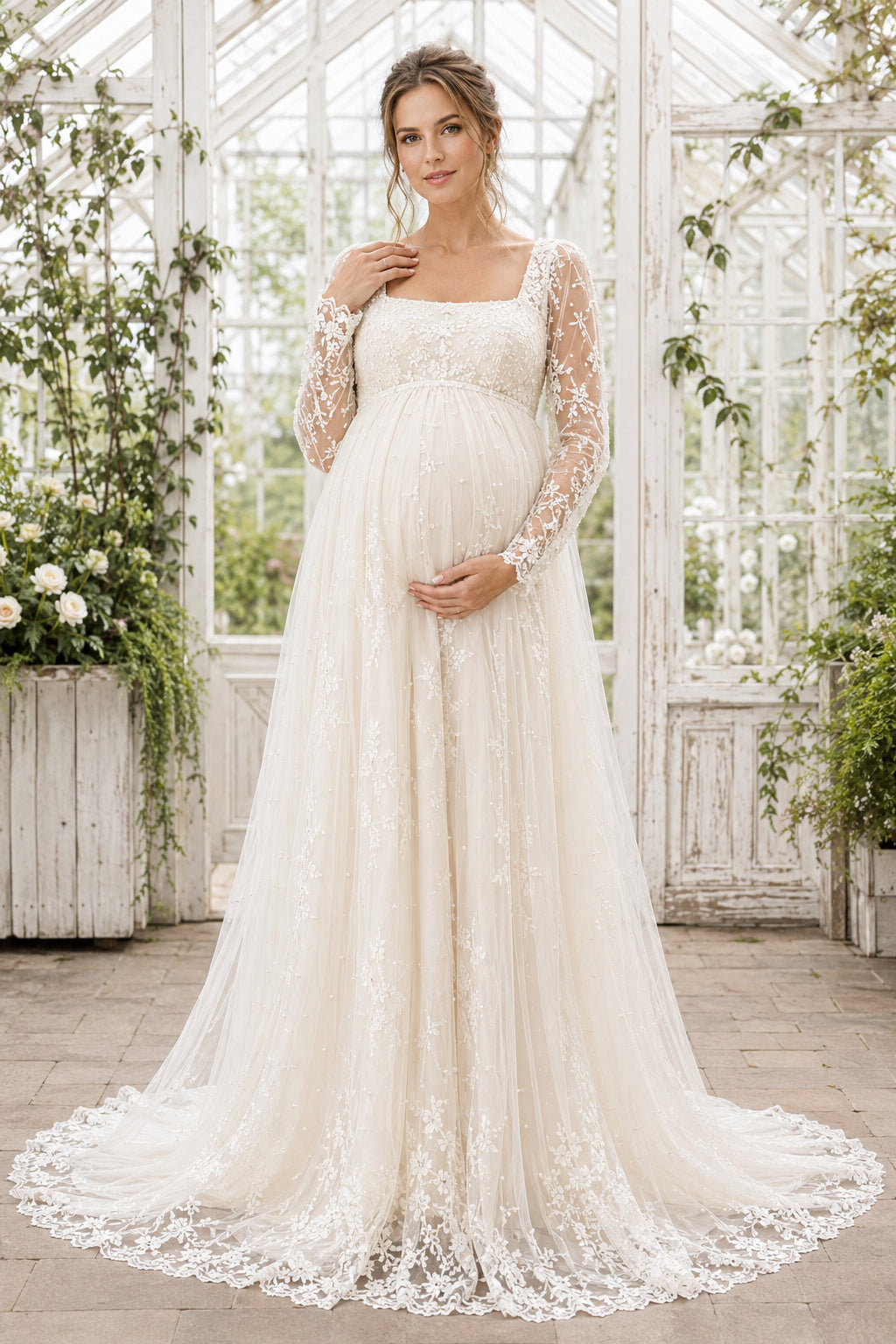 Ivory Maternity Square Neck Long Sleeve Lace A-Line Wedding Dress with Tulle Train Style MG_701164 front view