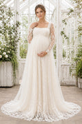 Ivory Maternity Square Neck Long Sleeve Lace A-Line Wedding Dress with Tulle Train Style MG_701164 front view