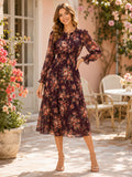Burgundy Dark Floral Jewel Neck Long Sleeve Midi Dress front view