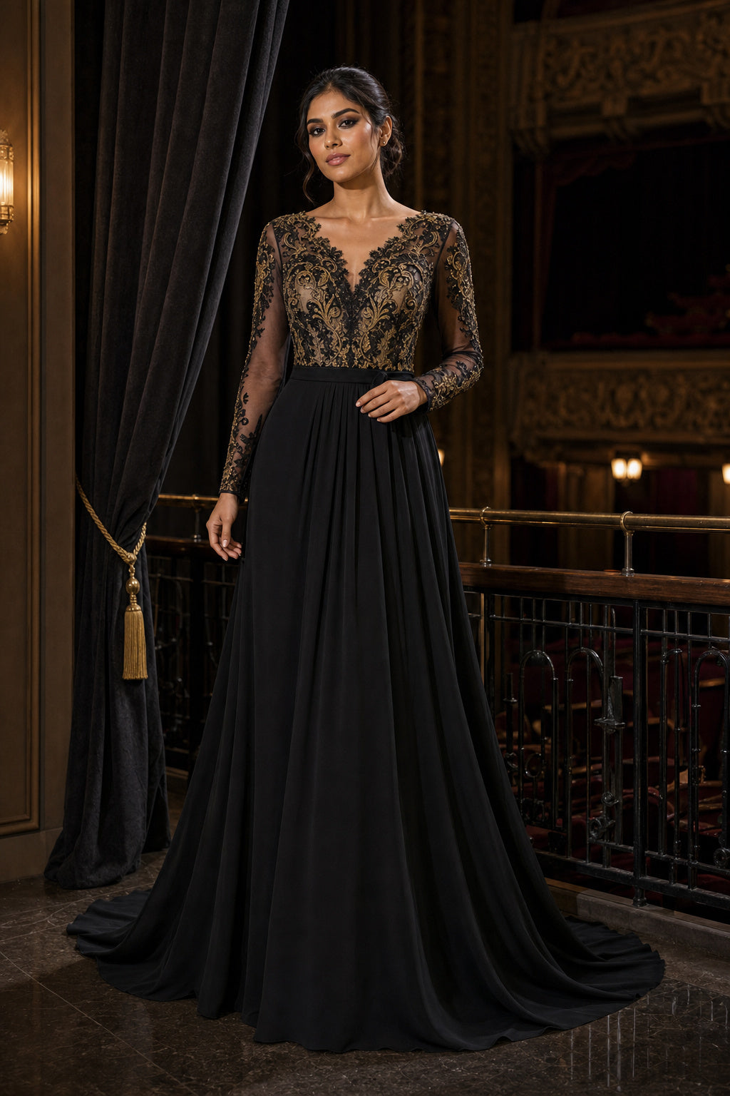 Black V-neck Long Sleeve A-Line Chiffon Floor-Length Dress With Illusion Lace Bodice