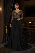 Black V-neck Long Sleeve A-Line Chiffon Floor-Length Dress With Illusion Lace Bodice