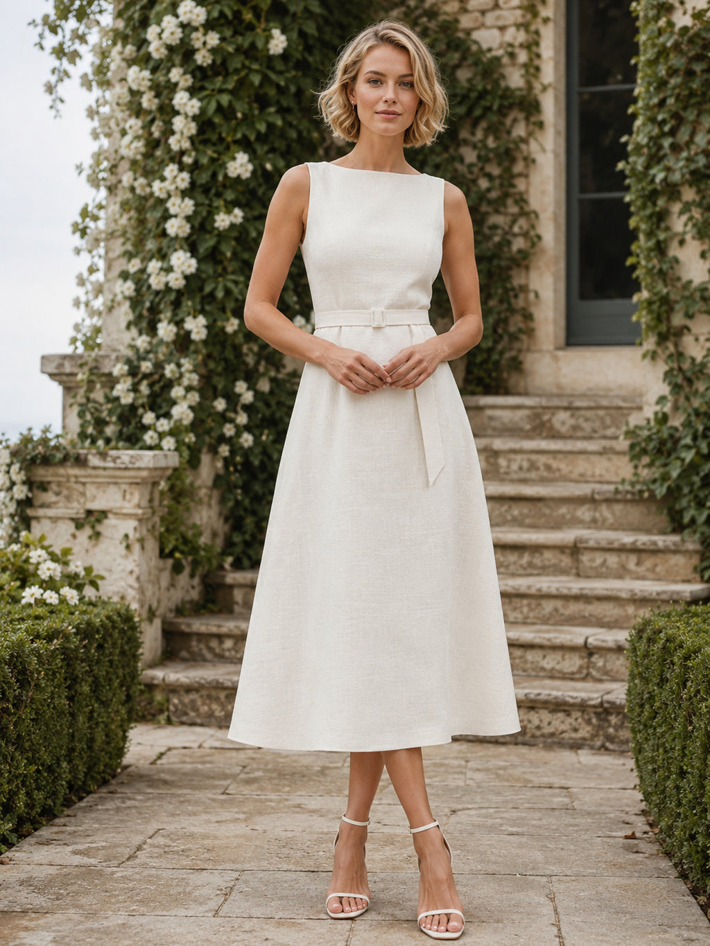 High Neck Sleeveless Tea Length Garden Civil Wedding Dress front view