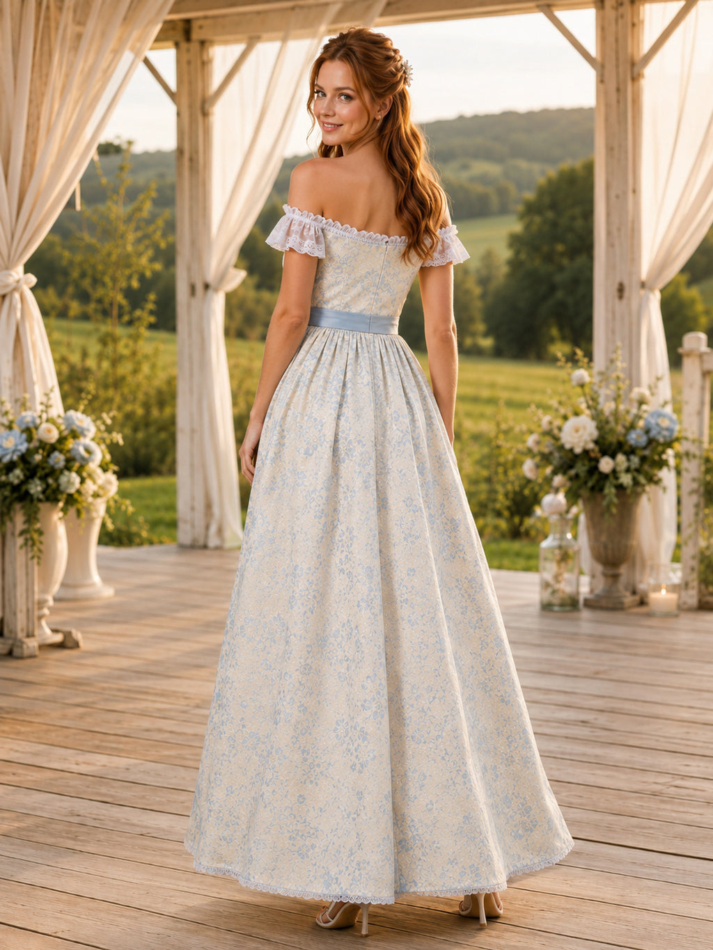 Romantic Sky Blue Print Formal A Line Floor Length Off Shoulder Sash Gown back view