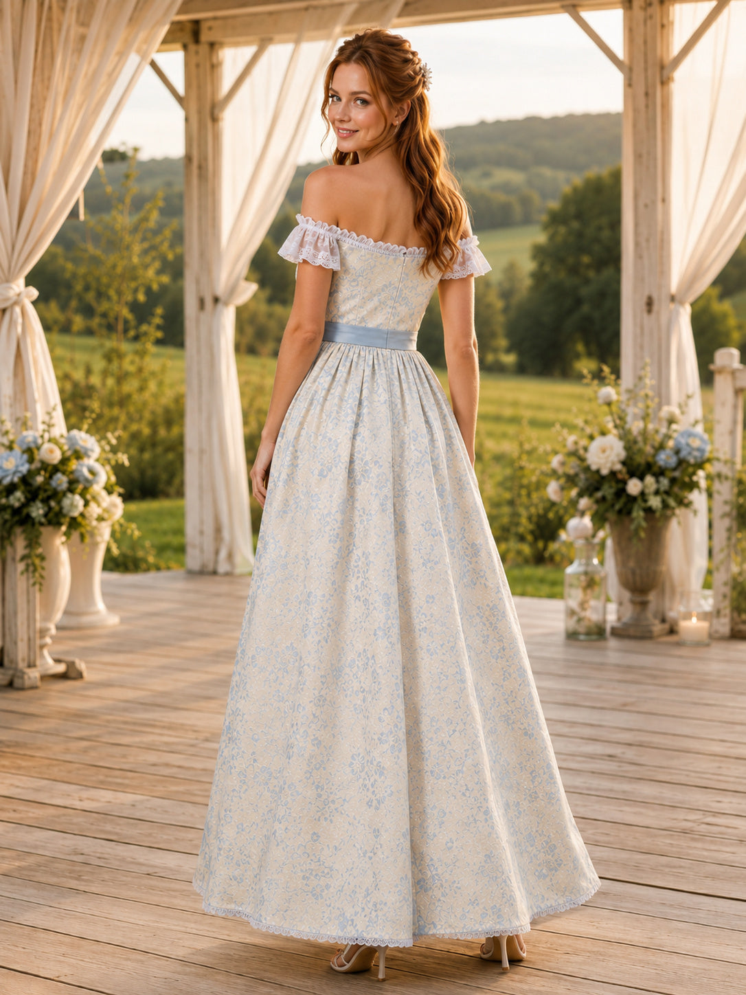 Romantic Sky Blue Print Formal A Line Floor Length Off Shoulder Sash Gown back view