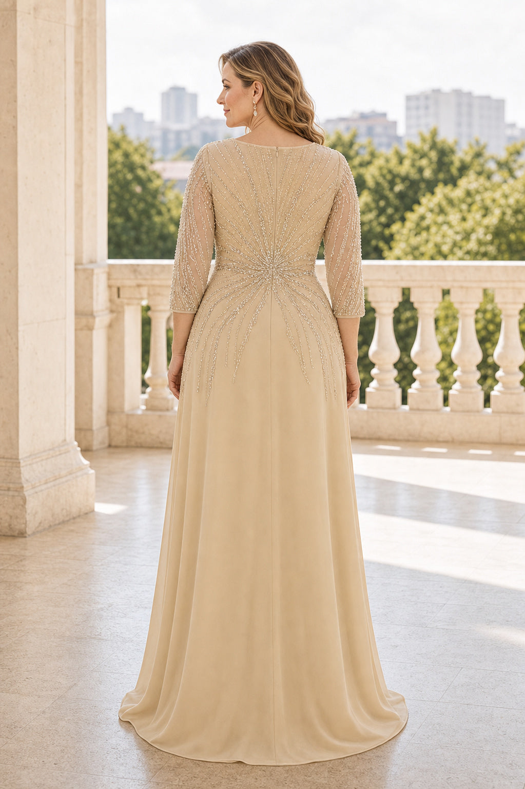 Champagne Bateau Long Sleeves A-Line Chiffon, Lace Floor-length Formal Dress With Lace