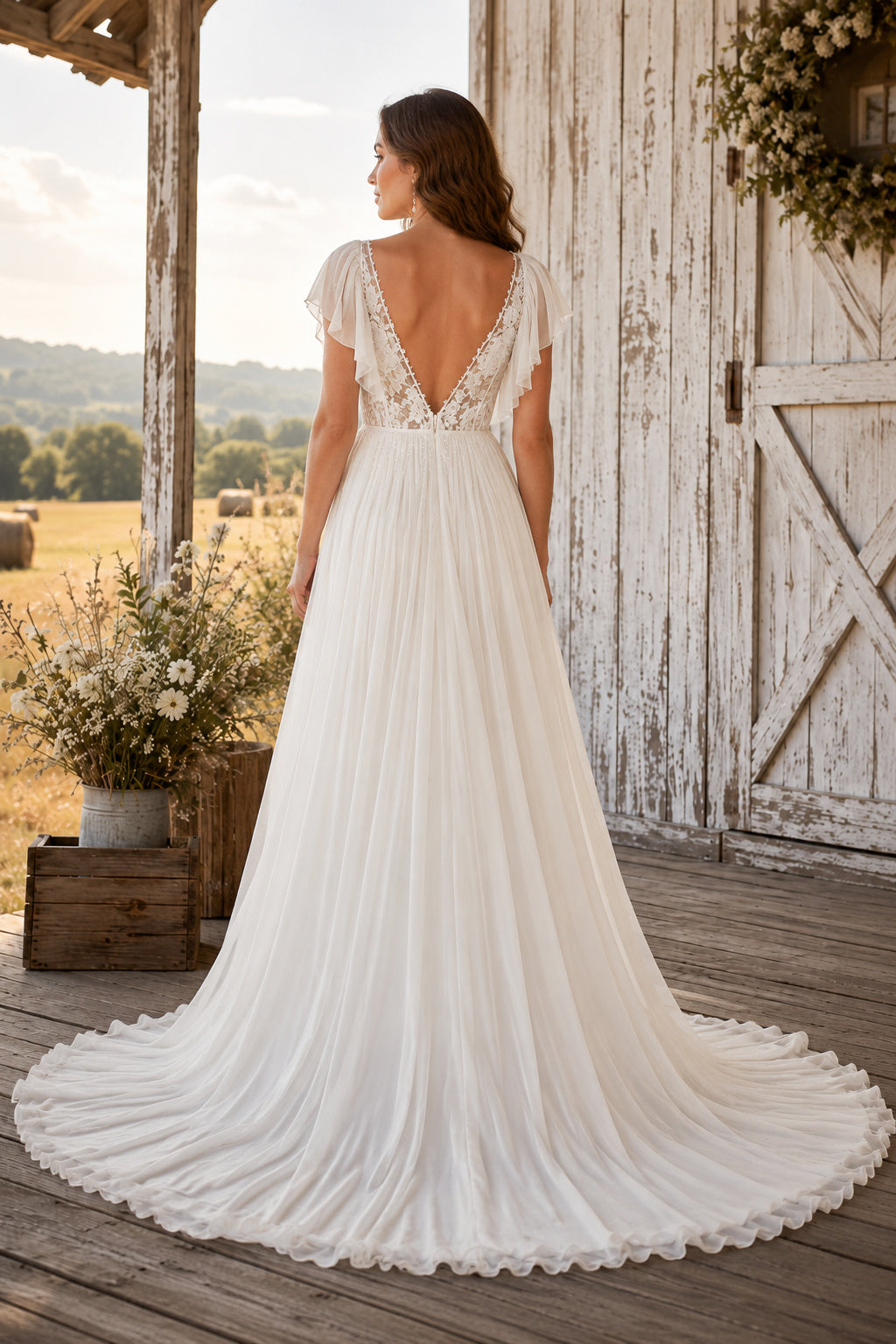 Rustic V-Neck Sleeveless A-Line Wedding Dress with Lace Bodice and Soft Tulle Train back view