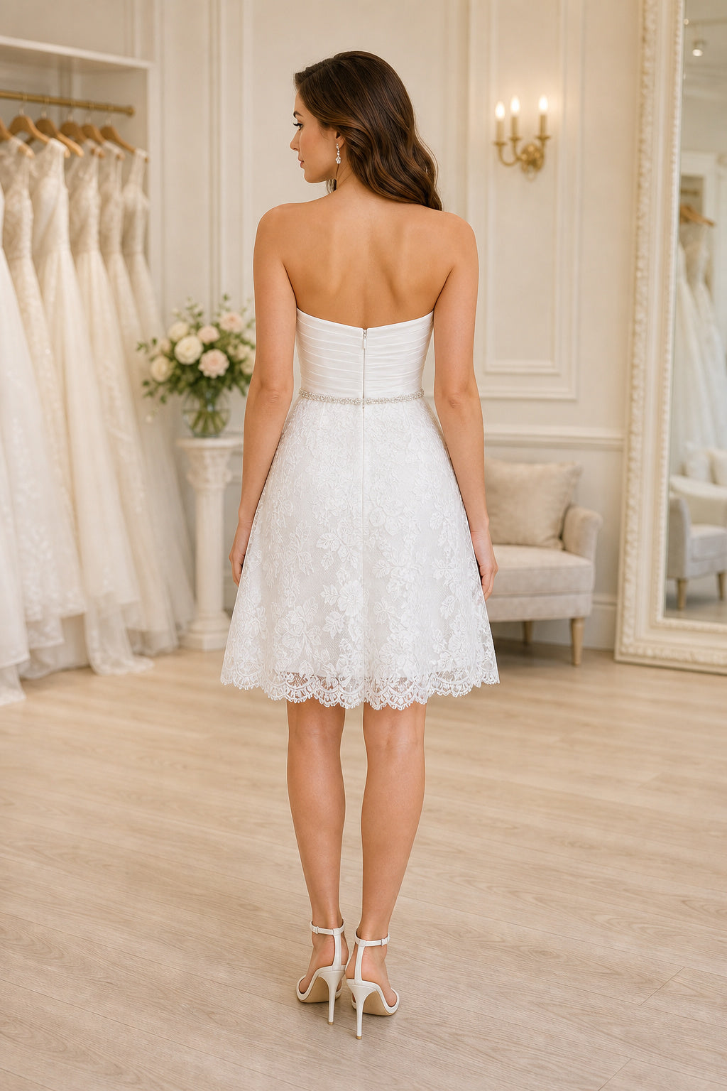 White Sweetheart A-Line Lace Knee-length Dress With Lace