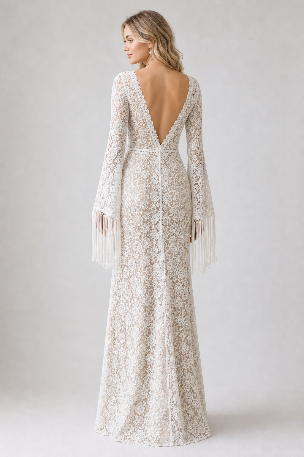 White Scoop Three-Quarter Sleeves A-Line Lace Floor-length Wedding Dress With Lace and Open Back and Open Back Lace Hem Detail