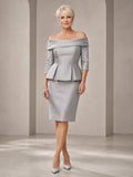 Silver Luxury Knee-Length Pencil Mother of the Bride Satin Dress with Off-Shoulder Folded Neckline Three-Quarter Sleeves and