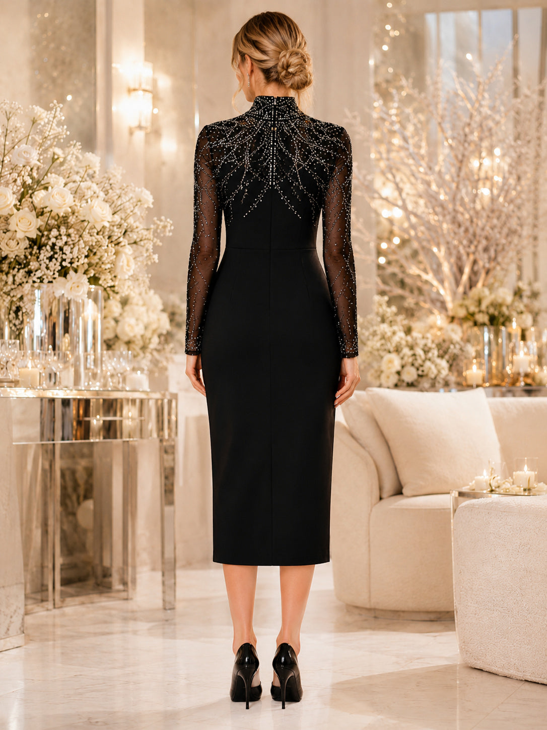 Black High Neck Crystal Illusion Long Sleeve Midi Guest Dress back view