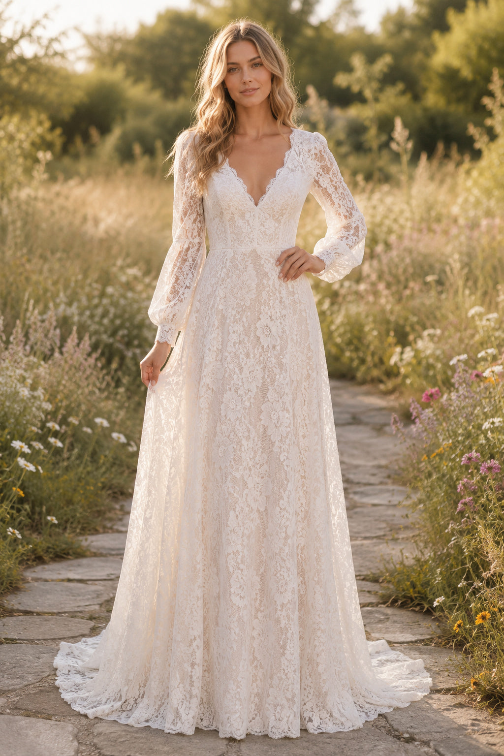 Ivory V-Neck Long Sleeve Allover Lace A-Line Wedding Dress with Deep V Back and Train front view