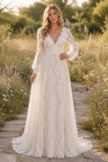 Ivory V-Neck Long Sleeve Allover Lace A-Line Wedding Dress with Deep V Back and Train front view