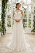 Ivory High Neck Long Sleeve Lace A-Line Wedding Dress with Illusion Back Style MG_700387 front view