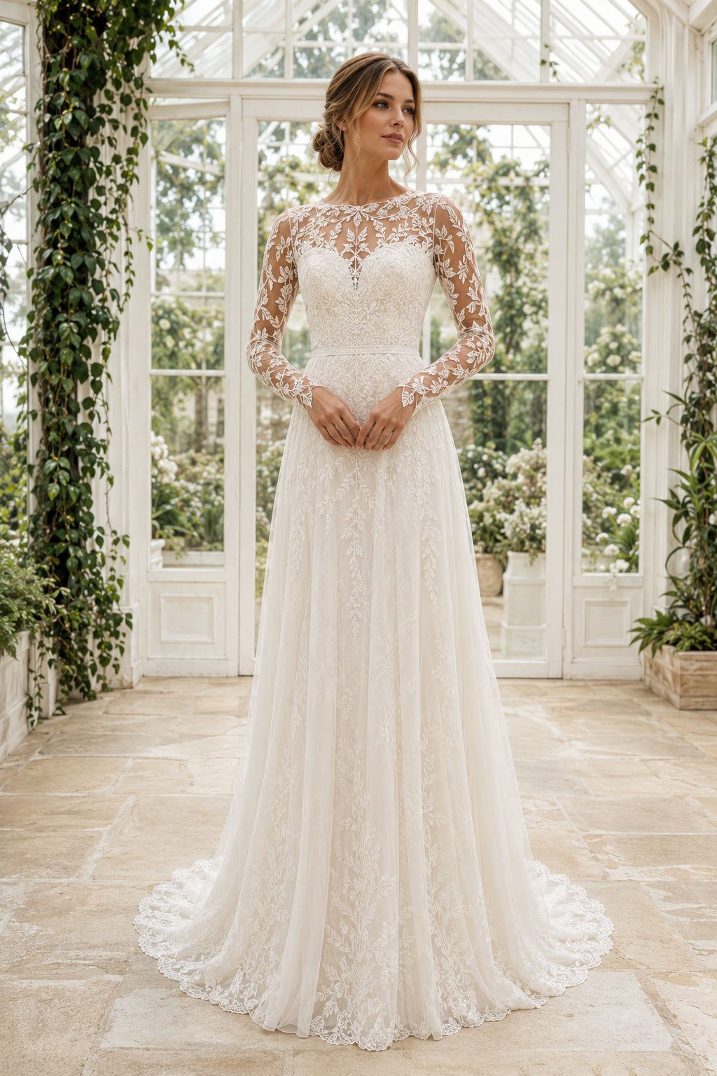 Ivory High Neck Long Sleeve Lace A-Line Wedding Dress with Illusion Back Style MG_700387 front view