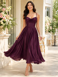 Plum Cowl Neck Spaghetti Strap Chiffon Tea Guest Dress front view