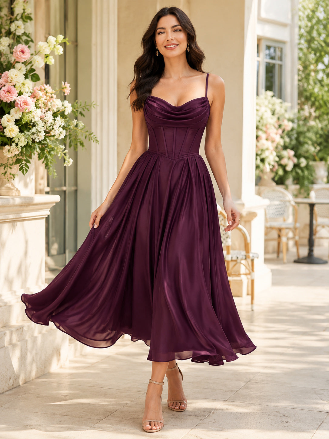 Plum Cowl Neck Spaghetti Strap Chiffon Tea Guest Dress front view
