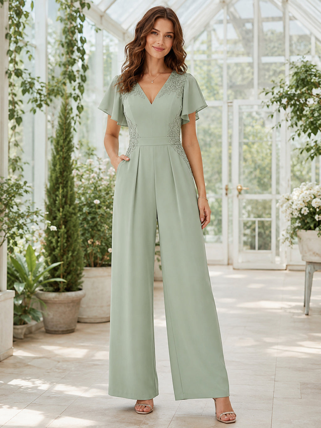Sage V Neck Flutter Sleeve Pleated Wide Leg Chiffon Modern Firmung Jumpsuit front view