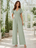 Sage V Neck Flutter Sleeve Pleated Wide Leg Chiffon Modern Firmung Jumpsuit front view