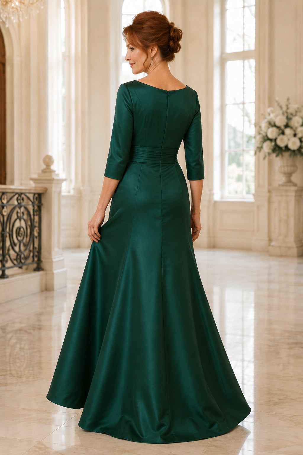 Dark Green V-Neck Satin Mermaid Mother Dress with Three Quarter Sleeves and Full Skirt back view