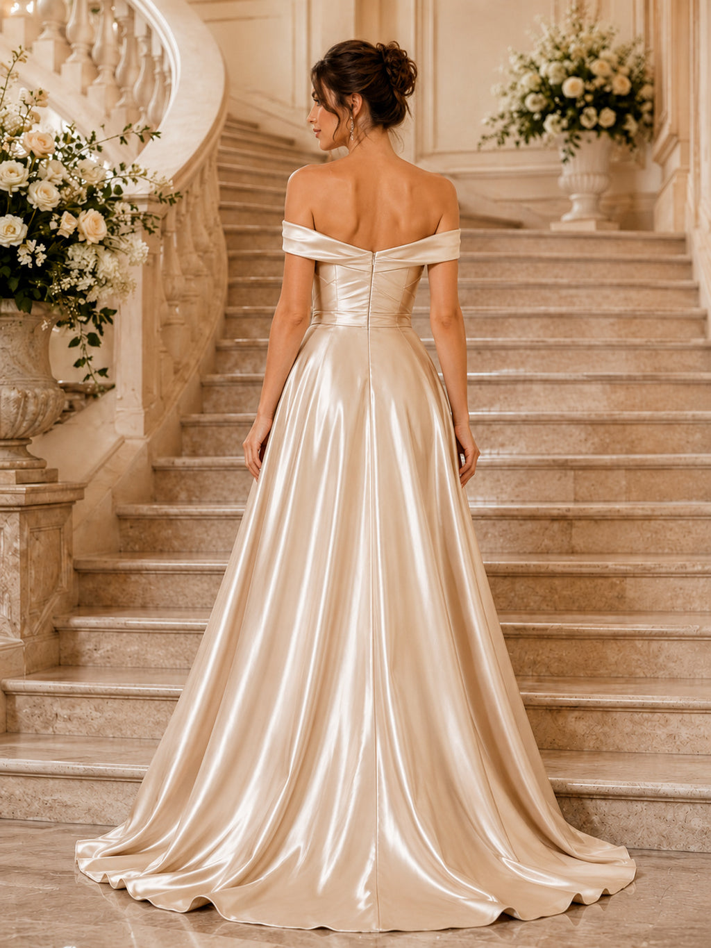 Champagne Off Shoulder Satin Slit A Line Formal Dress back view