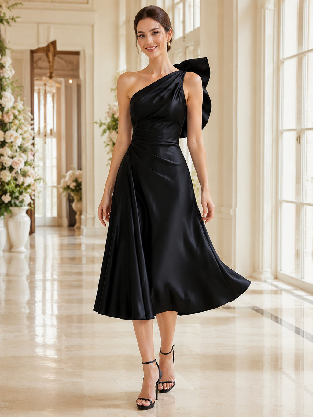 Black One Shoulder Sculptural Ruffle Satin A Line Midi Guest Dress front view
