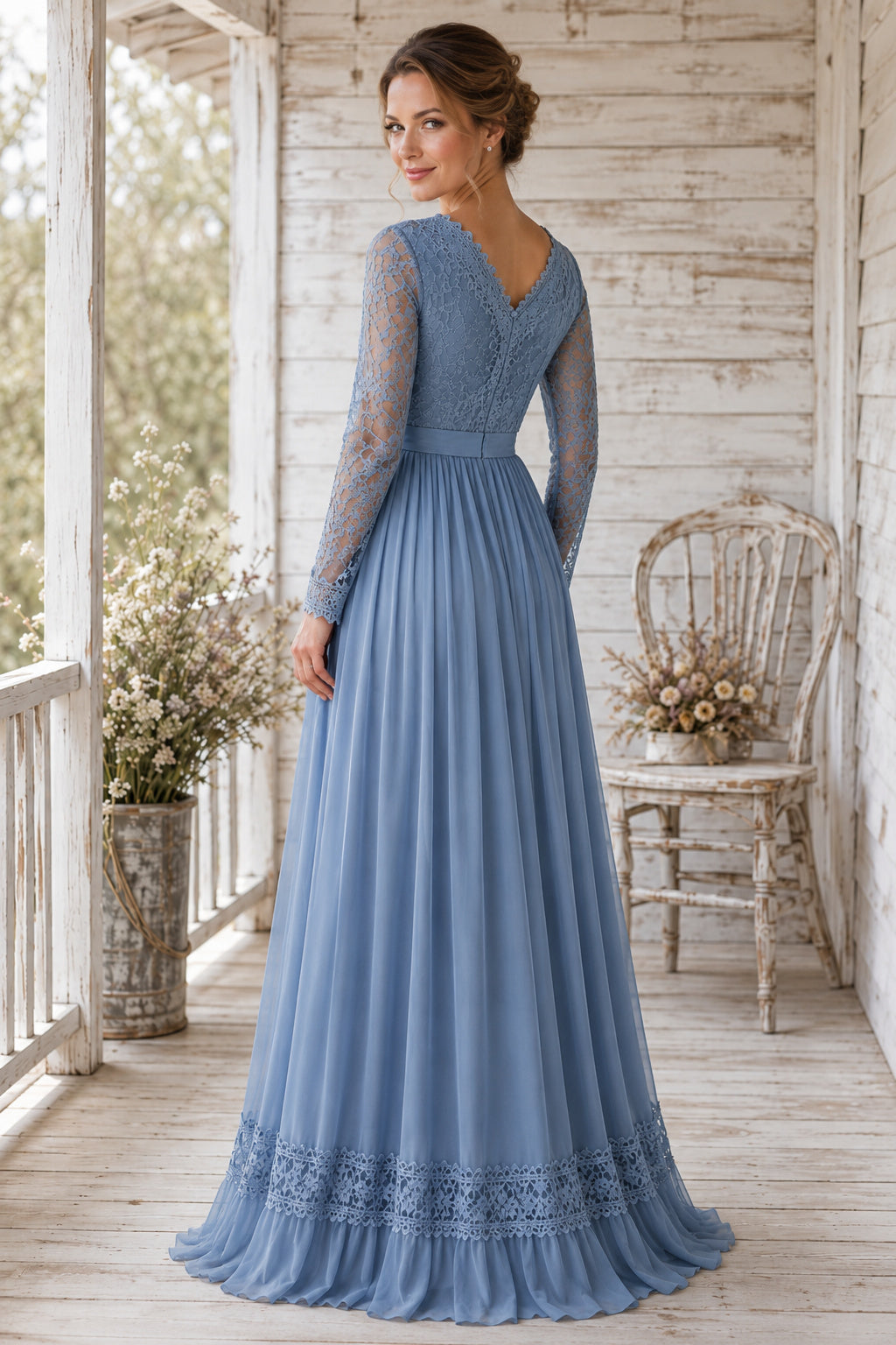 Steel Blue Long Sleeve Lace V Neck Bodice with Flowing Chiffon Skirt Floor Length A-Line Mother Dress back view