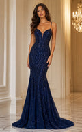 Navy Blue Beaded Prom Dress with Open Back Floor Length Gown front view