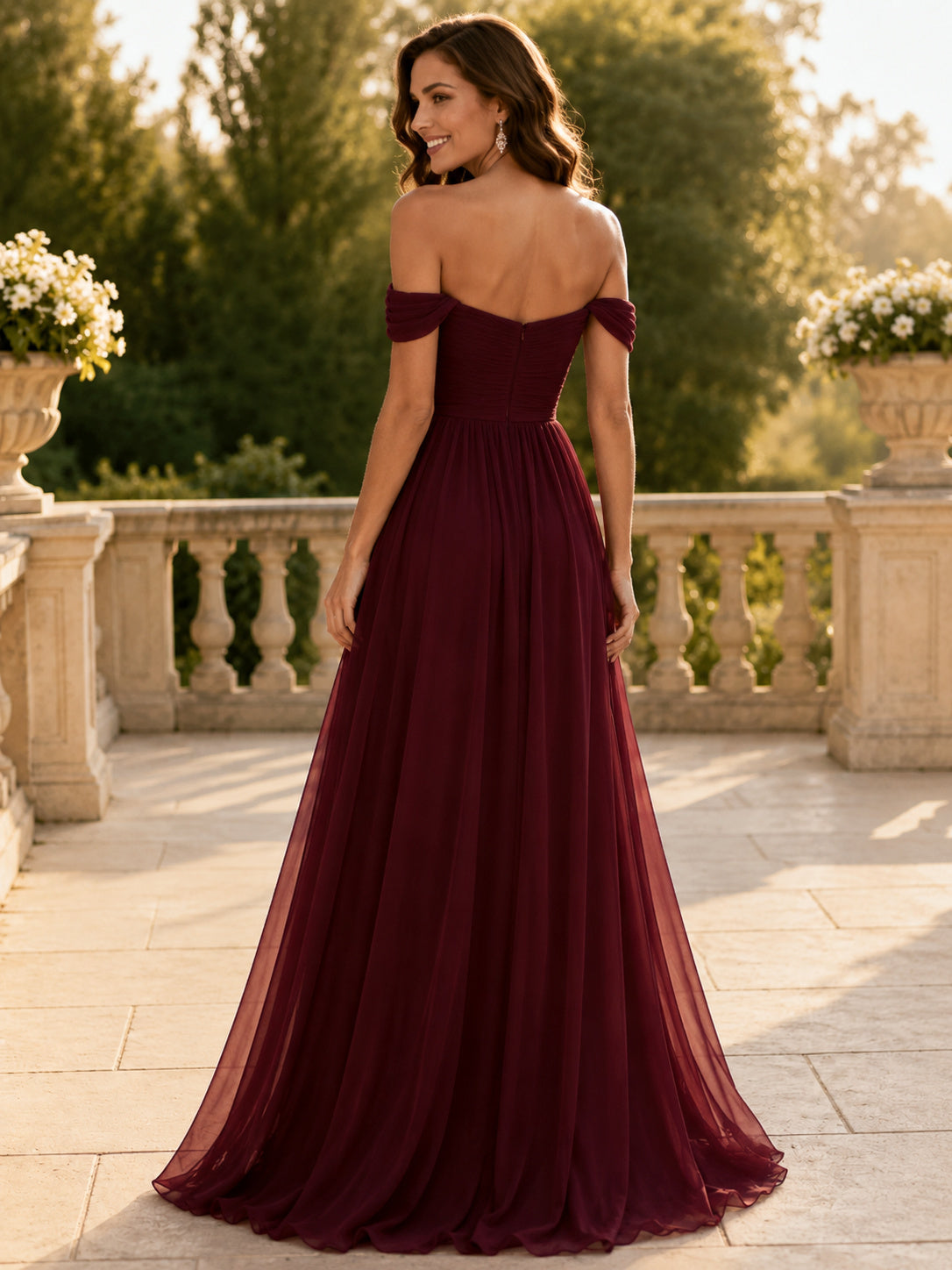 Burgundy Off Shoulder Chiffon Black Tie A-Line Gown back view