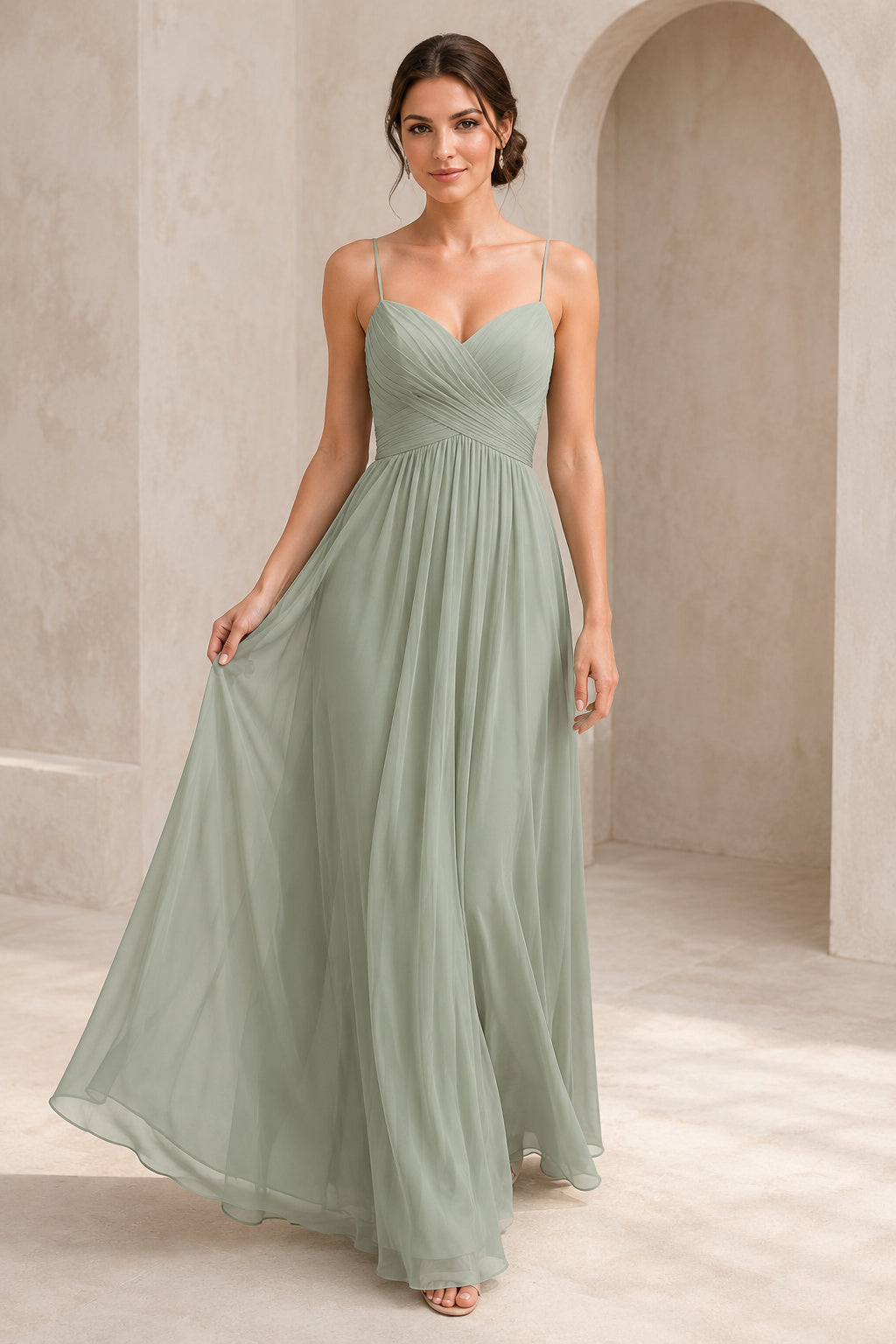 Sage Spaghetti Strap Sweetheart Chiffon A-Line Bridesmaid Dress with Pleated Bodice front view