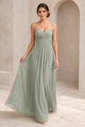 Sage Spaghetti Strap Sweetheart Chiffon A-Line Bridesmaid Dress with Pleated Bodice front view