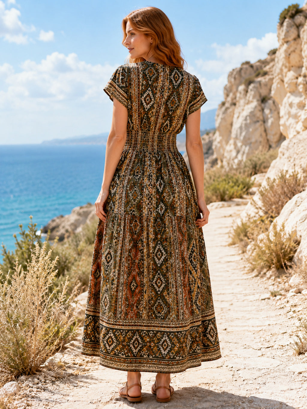 Earth Tone Tribal V-Neck Cap Sleeve A-Line Maxi Dress back view