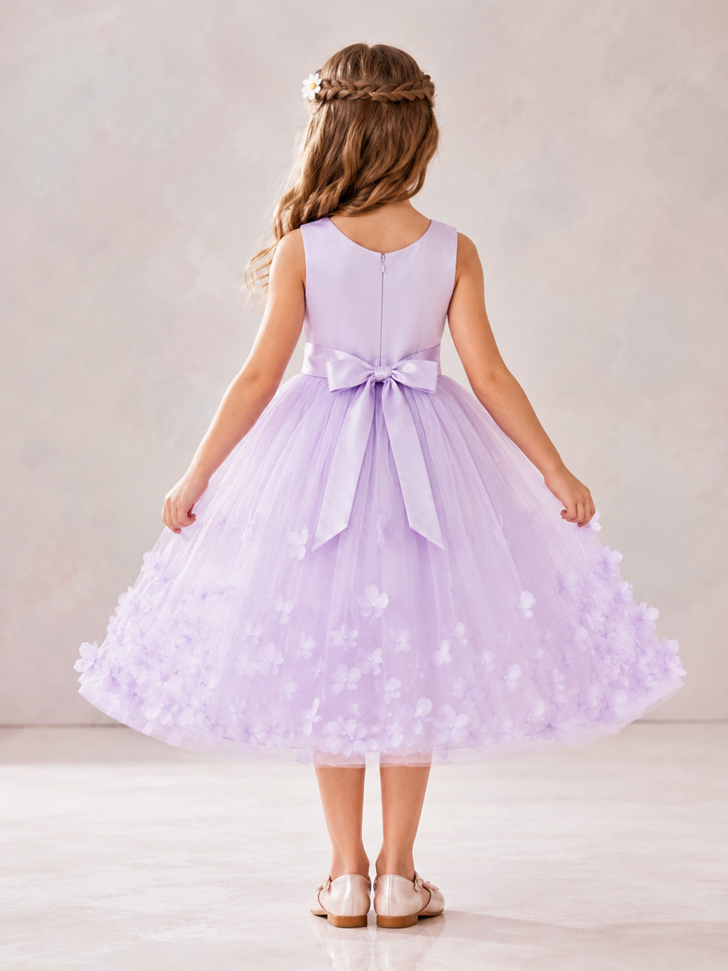 Lavender Tulle A-Line Flower Girl Dress with Sleeveless, Jewel Neck, Tea-Length Skirt, Bow Detail Style 403640 back view