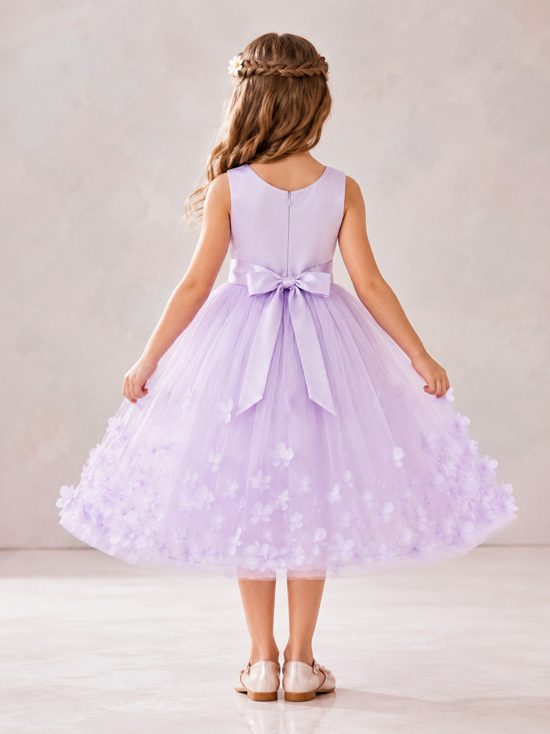 Lavender Tulle A-Line Flower Girl Dress with Sleeveless, Jewel Neck, Tea-Length Skirt, Bow Detail Style 403640 back view