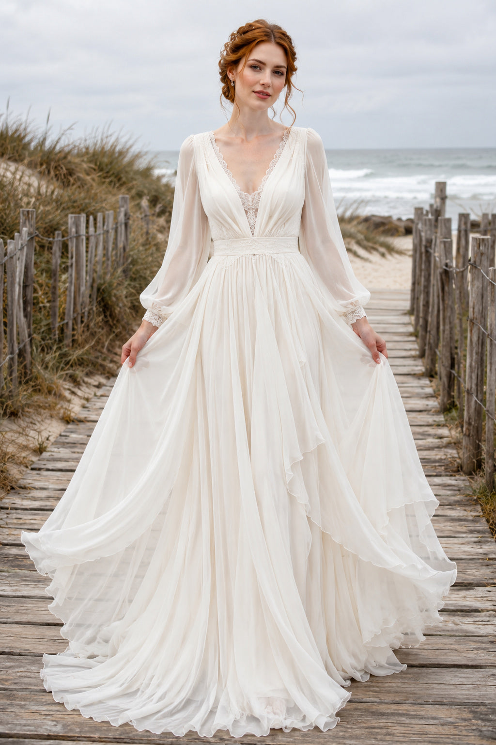 Ivory Long Poet Sleeve V-Neck Chiffon A-Line Wedding Dress Train for Bridal Ceremony and Reception front view