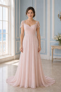 Blush Sweetheart Cap Sleeves A-Line Chiffon, Lace Floor-length Formal Dress With Lace