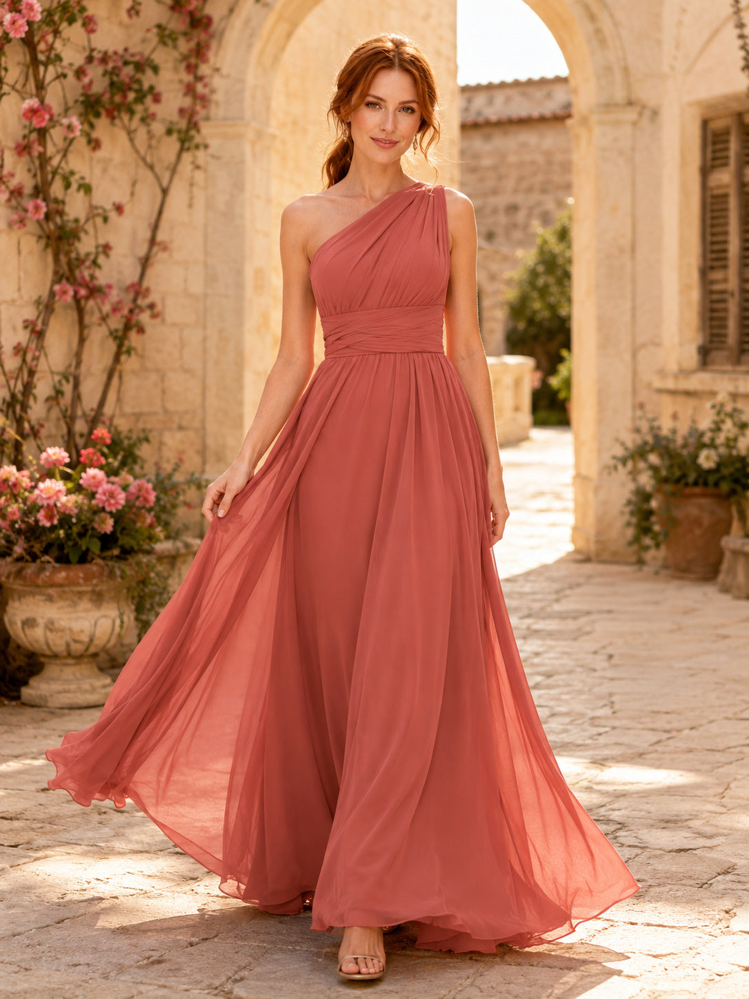 Coral convertible one shoulder chiffon floor length bridesmaid dress front view