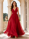Red Deep V Chiffon A Line Evening Dress front view