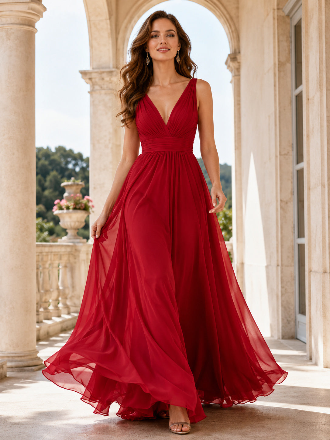 Red Deep V Chiffon A Line Evening Dress front view