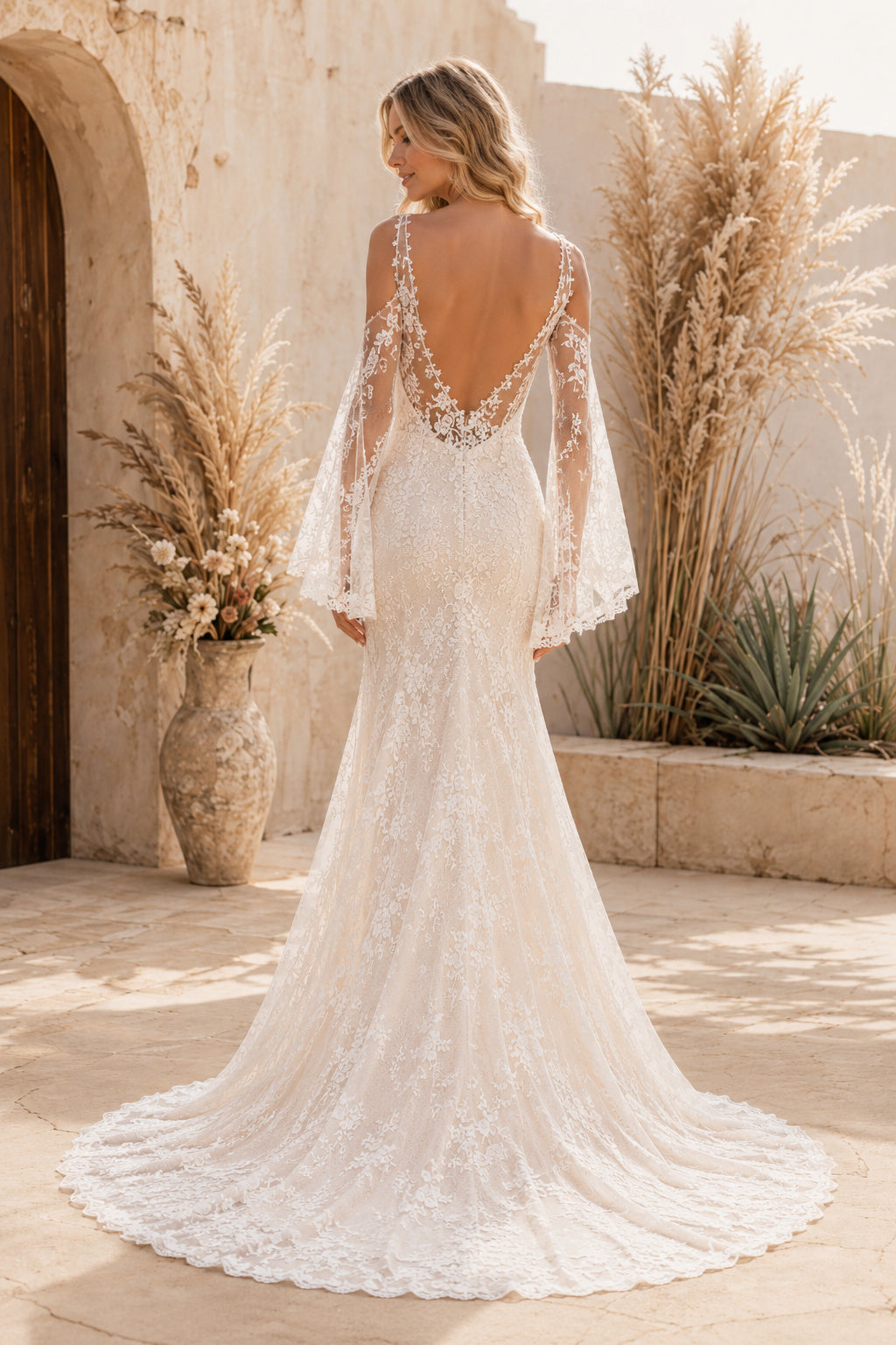 Ivory Boho V-Neck Mermaid Allover Lace Wedding Dress with Long Bell Sleeves and Sweep Train back view