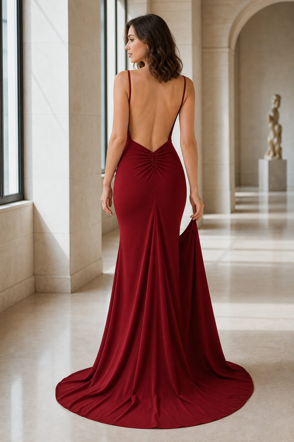Burgundy V-neck Spaghetti Strap Mermaid Floor-Length Dress With Sweep Train