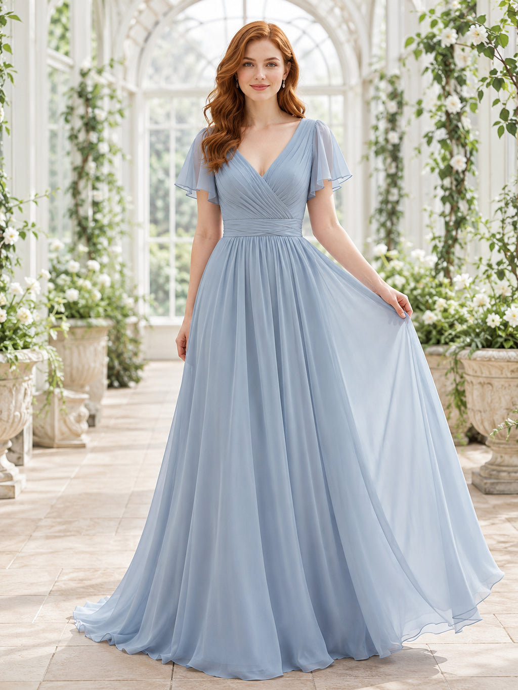 Steel Blue V Neck Flutter Sleeve Chiffon A Line Wedding Gown front view