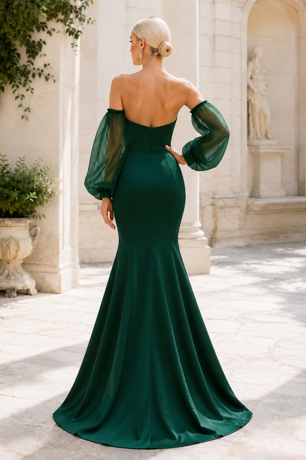Dark Green Sweetheart Mermaid Gown with Sheer Puff Sleeves and Fitted Skirt Floor Length And Sweep/Brush Train Mermaid Trumpe