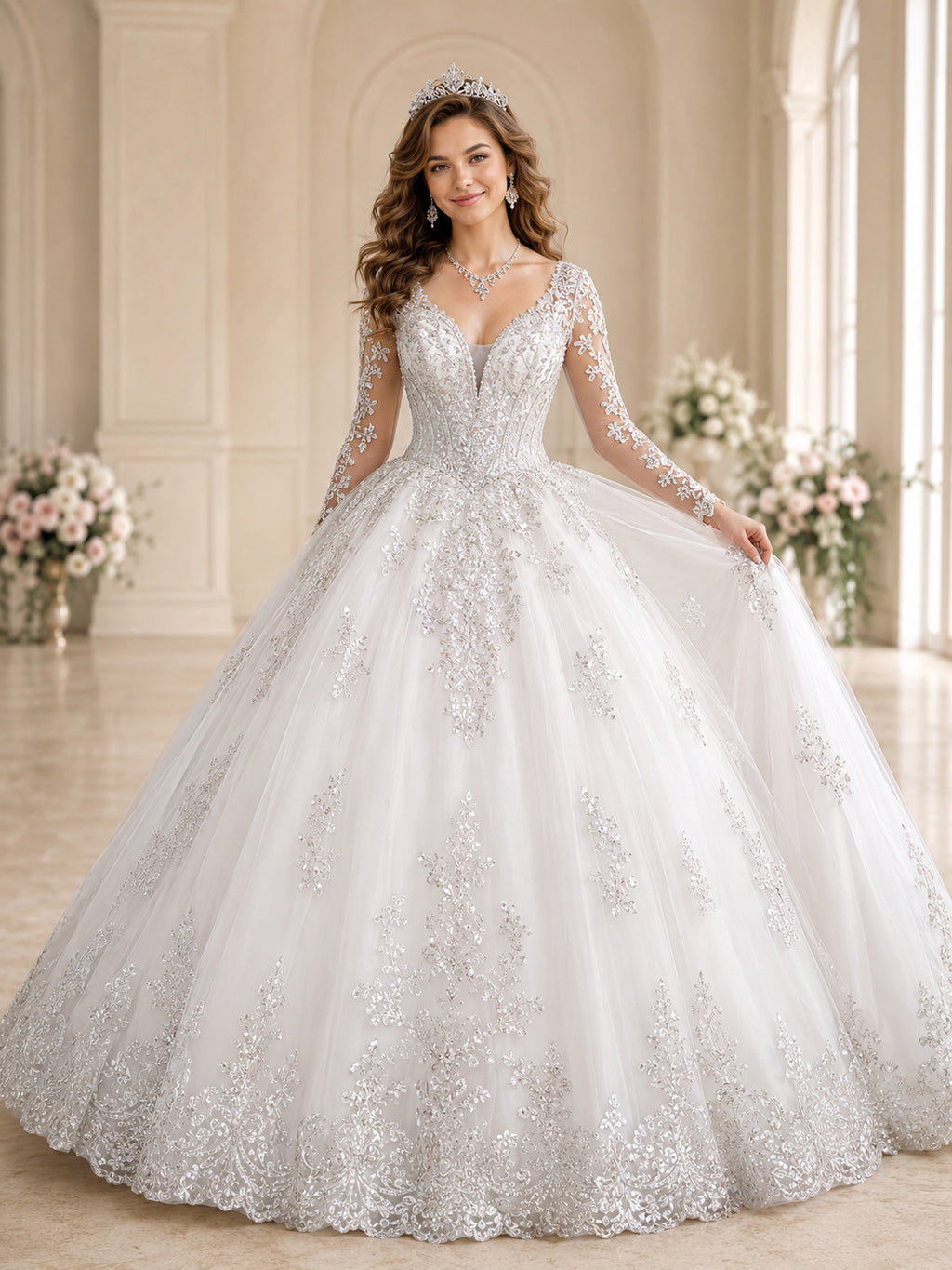White Silver Long Sleeve V Neck Embroidered Cathedral Train Quinceanera Ball Gown front view