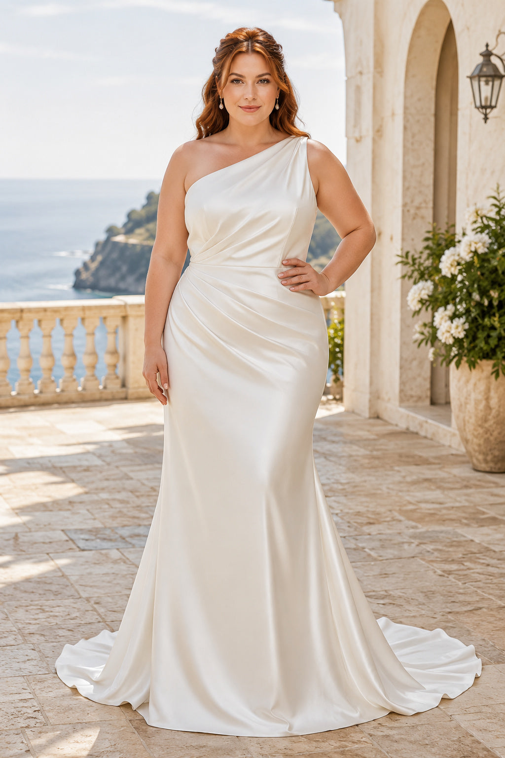 One-Shoulder Satin Mermaid Plus Size Wedding Dress front view