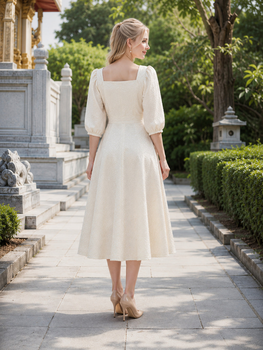 Cream Square Neck Puff Sleeve Respectful Ceremony Midi Dress back view