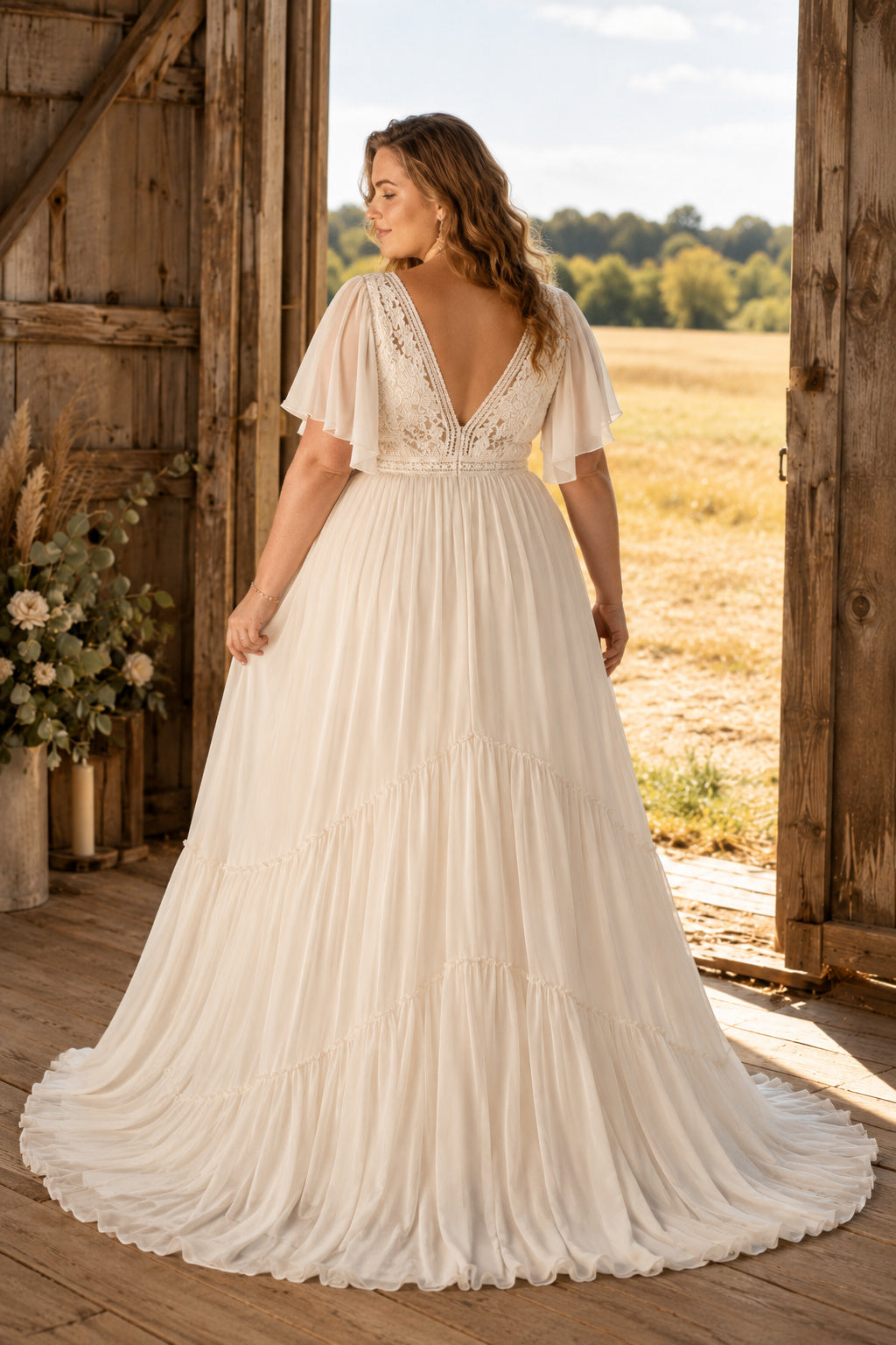 Plus Size Ivory V-Neck Flutter Sleeve Lace Tulle A-Line Wedding Dress with Flutter Sleeves and Soft Chiffon Train back view
