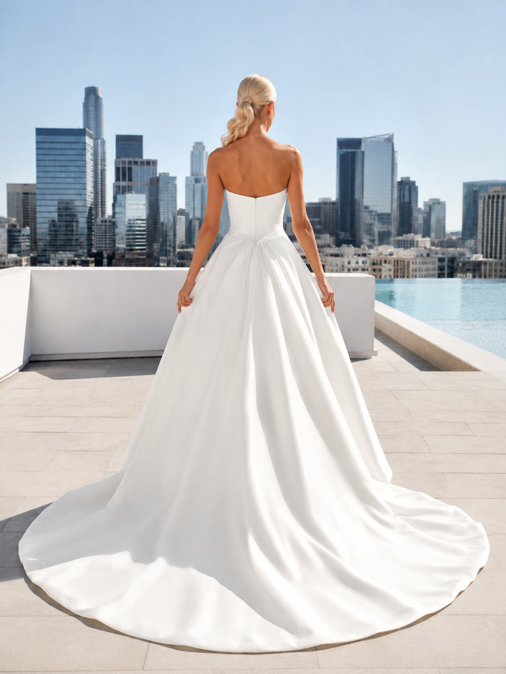 Minimalist Satin Wedding Dress Ball Gown Strapless Sweetheart Court Train Bridal Gown back view